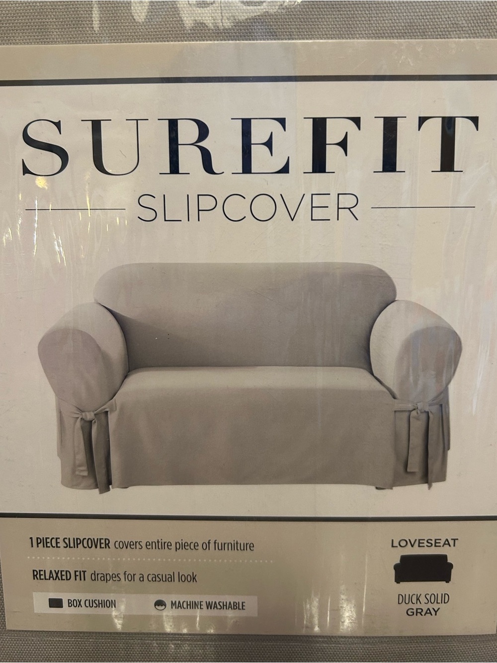 Sure Fit Loveseat Slipcover in Duck Solid Gray Relaxed Fit Box Cushion Cotton